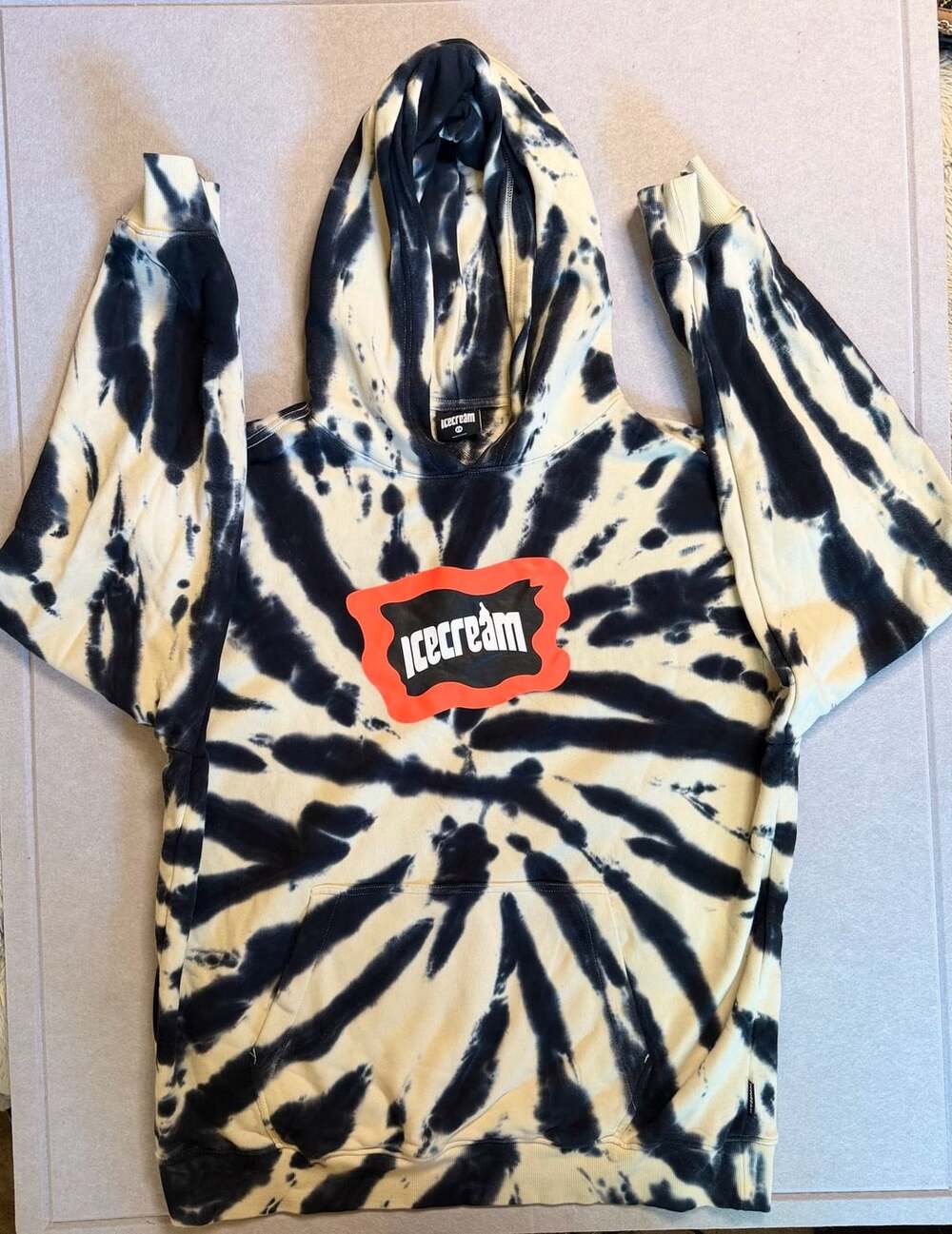 ICECREAM Mens 2XL Tie Dye Pullover Hoodie Black Cream Orange Logo Streetwear